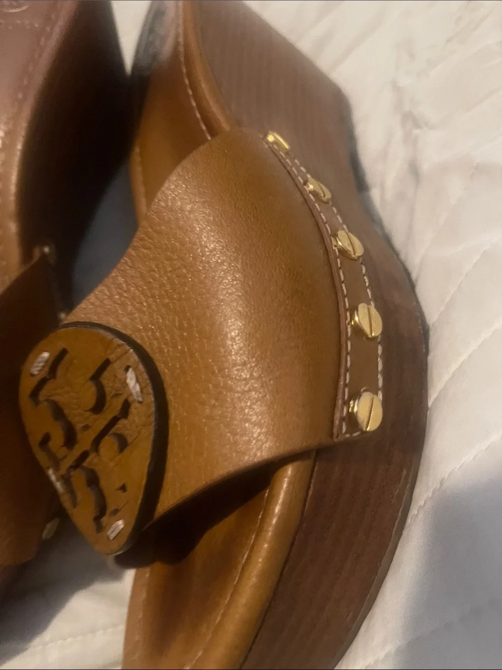 Tory Burch Cognac Leather Logo Slide Mules